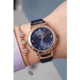 Freelook Lacivert Deri Kayışlı Taşlı Rose Gold Kadın Kol Saati + Zirkon Taşlı Bileklik