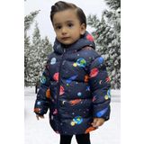 freemen Erkek Çocuk Polarlı Kapüşonlu Gezegen Yıldız Desenli Kışlık Şişme Mont & Kaban & Parka