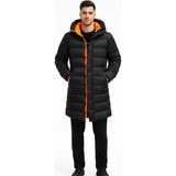 Freemen Erkek Su ve Rüzgar Geçirmez Kapüşonlu, Turuncu Astarlı Uzun Kışlık Şişme Siyah Mont & Parka - XL