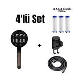 Frefly Store 4'lü Set 6 Fonksiyonlu Filtreli Duş Başlığı +3 Adet Yedek Filtre+ 150 cm Duş Hortumu + Siyah Yapışkanlı Askı Aparatı