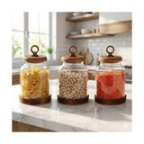Frefly Store Amberhaus 3'lü Ring Serisi Akasya Kapaklı ve Tabanlı Borosilikat Cam Kavanoz Seti - 1100 ml Vakumlu Bakliyat ve Kurabiye Saklama Kabı (20X11.5 Cm)