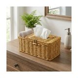 Frefly Store Buffer Bölmeli Kapaklı Doğal Rattan Görünümlü Hasır Organizer Sepet, Peçetelik, Makyaj ve Takı Düzenleyici, Plastik, 24X10X10 cm
