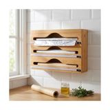 Frefly Store Deconox 3 Bölmeli Doğal Bambu Folyoluk ve Streç Film Kesici Organizer - Sürgülü Bıçaklı Çekmece Içi Düzenleyici Pişirme Kağıdı ve Alüminyum Folyo Standı Mutfak Organizeri (35,5 x 22 x 7 Cm) - 41 Delft Blue
