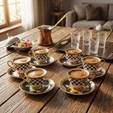 Frefly Store Deconox 6 Kişilik Porselen Türk Kahvesi Fincan Takımı - Siyah Beyaz Damalı, Gold Yaldızlı ve Renkli Çiçek Desenli Tabaklı 12 Parça Lüks Sunum Seti - 00-Siyah - Beyaz