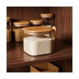 Frefly Store Deconox 600 ml Bambu Kapaklı ve Kaşıklı Kare Cam Kavanoz, Vakumlu Ahşap Kapaklı Baharatlık, Kendinden Kaşık Yuvalı Şeker, Kahve ve Banyo Tuzu Saklama Kabı