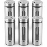 Frefly Store Deconox 6'lı Set Metal Kaplı Cam Baharatlık, 14 cm - Şeffaf Pencereli, Döner Kapaklı, Paslanmaz Çelik Görünümlü Tuzluk ve Baharat Takımı - 0,2 kg