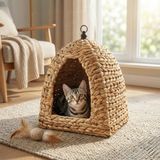 Frefly Store Deconox Dekoratif Hasır Kedi Evi, Metal Iskeletli ve Asma Aparatlı Piramit Kedi Sepeti, 48X48X45 cm Doğal Örme Kedi Yuvası ve Konforlu Kedi Yatağı - 02-Gri