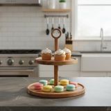 Frefly Store Deconox Doğal Akasya Ağacından Ahşap 2 Katlı Kurabiyelik ve Servis Tabağı | Sunum Standı | Çap: 18 Cm, Yükseklik: 25 cm | Doğal ve Şık - 0,21 lt - Afrika Cevizi Rengi