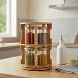 Frefly Store Deconox Doğal Bambu 360° Döner Standlı 10'lu Cam Baharatlık Seti - Büyük Boy (250 Ml) Ahşap Kapaklı Baharat Takımı - 0,2 kg
