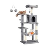 Frefly Store Feandrea PCT161W01 Tırmalama Ağacı, 143 cm Yüksekliğinde, Kedi Ağacı, Çok Katlı Kedi Evi, 4 Tırmalama Sütunu, 2 Platform, Hamak, Mağara, Açık Gri