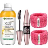 Frefly Store Garnier Skin Naturals Çift Fazlı Micellar Kusursuz Makyaj Temizleme SUYU(400ML)&MAYBELLINE New York Lash Sensational Yelpaze Etkili Intense Black Maskara-Ekstra Siyah + Hediye Havlu Bileklik 2'li Set - 001 Brown