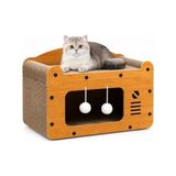 Frefly Store Kedi Tırmalama Evi - Ahşap Kedi Oyun Evi 56X27X30 cm - Karton Tırmalama Tahtalı Uyku Yuvası - Sallanan Top Oyuncaklı Tek Katlı Evcil Hayvan Mobilyası - Modern Doğal Ahşap Tasarım