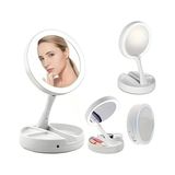 Frefly Store LED Işıklı Makyaj Aynası, 10X Büyüteç, Katlanabilir Tasarım, USB Şarjlı, 15.5cm Çap, Beyaz