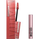 Frefly Store Maybelline New York Super Stay Vinyl Ink Uzun Süre Kalıcı Likit Parlak Ruj 15 Peachy & Mini Lash Sensational Sky High Maskara Makyaj Seti - 001 Brown