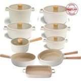 Frefly Store Neoflam Fika Alüminyum Döküm 16 Parça Tencere ve Tava Seti, Bej - 0 - 19 L