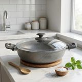 Frefly Store Papilla Argos 26 cm Karnıyarık Tenceresi - Iç-Dış Gri Kırçıl Granit Efektli Yanmaz Yapışmaz Cam Kapaklı Sığ Tencere