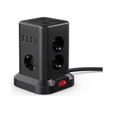 Frefly Store Smayling Kule Tipi Çoklu Priz - 3 Usb-A + 1 Type-C Çıkışlı, Akım Korumalı, Tek Tuş Kontrollü Masaüstü Priz - Ahşap - Bej - Siyah