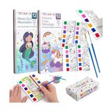 Frefly Store Sulu Boya Defteri Seti (2 Kitap + 2 Fırça) - Kendin Yap Kitap Ayracı, Her Sayfada Entegre Boya Paleti - Çocuklar ve Yetişkinler Için Hediye Aktivite Seti (Deniz Kızı-Unicorn) - 41 Delft Blue