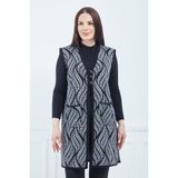 Fresh Moda Kadın Gri Desenli Uzun Cepli Kışlık Triko Yelek Şık ve Rahat Tasarım - 3XL