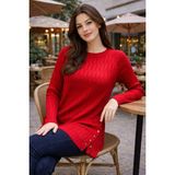 Fresh Moda Kadın Merserize Yırtmaçlı Genç Anne Mevsimlik Kazak - Kırmızı - Standart