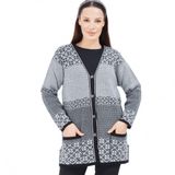 Fresh&Moda Kadın Desenli Triko Düğmeli Cepli Kışlık Anne Hırkası (Siyah Beyaz, L)