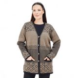 Fresh&Moda Kadın Desenli Triko Düğmeli Cepli Kışlık Anne Hırkası (Vizon, XXL)