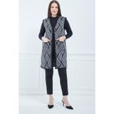 Fresh&Moda Kadın Gri Desenli Cepli Uzun Kışlık Triko Anne Yelek