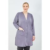 fresh&moda Kadın Gri Düğmeli Cepli Büyük Beden Anne Uzun Penye Hırka - 2XL