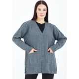 fresh&moda Kadın Gri V Yaka Düğmeli Cepli Örgü Yün Anne Triko Kısa Hırka