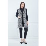 Fresh&Moda Kadın Krem Desenli Cepli Uzun Kışlık Triko Anne Yelek