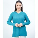 Fresh&Moda Kadın Mavi Triko V Yaka Kışlık Anne Esnek Kazak - XL