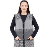 fresh&moda Kadın Siyah Beyaz Desenli Triko Düğmeli Cepli Kışlık Anne Yeleği - XL