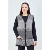 fresh&moda Kadın Siyah Beyaz Desenli Triko Düğmeli Cepli Kışlık Anne Yeleği - XXL