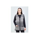 Fresh&Moda Kadın Siyah Beyaz Desenli Triko Düğmeli Cepli Kışlık Anne Yeleği