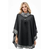 Fresh&Moda Kadın Siyah Beyaz Devrik Yakalı Desenli Geniş Kalıp Dökümlü Panço