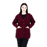 Fresh&Moda Kadın Siyah Cepli Düğmeli V Yakalı Kısa Anne Yün Hırka Bordo - M