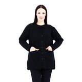 Fresh&Moda Kadın Siyah Cepli Düğmeli V Yakalı Kısa Anne Yün Hırka Siyah - M