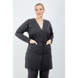 fresh&moda Kadın Siyah Düğmeli Cepli Büyük Beden Anne Uzun Penye Hırka - 3XL