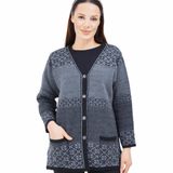 Fresh&Moda Kadın Siyah Gri Desenli Düğmeli Triko Cepli Kışlık Anne Hırkası