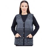 fresh&moda Kadın Siyah Gri Desenli Triko Düğmeli Cepli Kışlık Anne Yeleği - XL