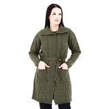 Fresh&Moda Kadın Uzun Düğmeli Cepli Kuşaklı Yakalı Yün Hırka Anne Hırka Haki yeşil - L