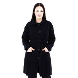 Fresh&Moda Kadın Uzun Düğmeli Cepli Kuşaklı Yakalı Yün Hırka Anne Hırka Siyah - XL