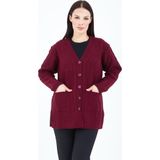 fresh&moda Kadın V Yaka Bordo Düğmeli Cepli Örgü Yün Anne Triko Kısa Hırka