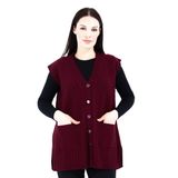Fresh&Moda | Kadın V Yaka Düğmeli Cepli Örgü Yün Triko Anne Kısa Yelek Bordo - XL