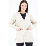 fresh&moda Kadın V Yaka Krem Düğmeli Cepli Örgü Yün Anne Triko Kısa Hırka