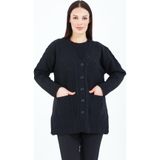 fresh&moda Kadın V Yaka Siyah Düğmeli Cepli Örgü Yün Anne Triko Kısa Hırka