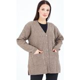 fresh&moda Kadın V Yaka Vizon Düğmeli Cepli Örgü Yün Anne Triko Kısa Hırka