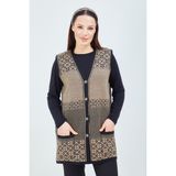 fresh&moda Kadın Vizon Desenli Triko Düğmeli Cepli Kışlık Anne Yeleği - L