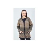 Fresh&Moda Kadın Vizon Renk Desenli Triko Düğmeli Cepli Kışlık Anne Hırkası