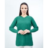 Fresh&Moda Kadın Yeşil Triko V Yaka Kışlık Anne Esnek Kazak - XL
